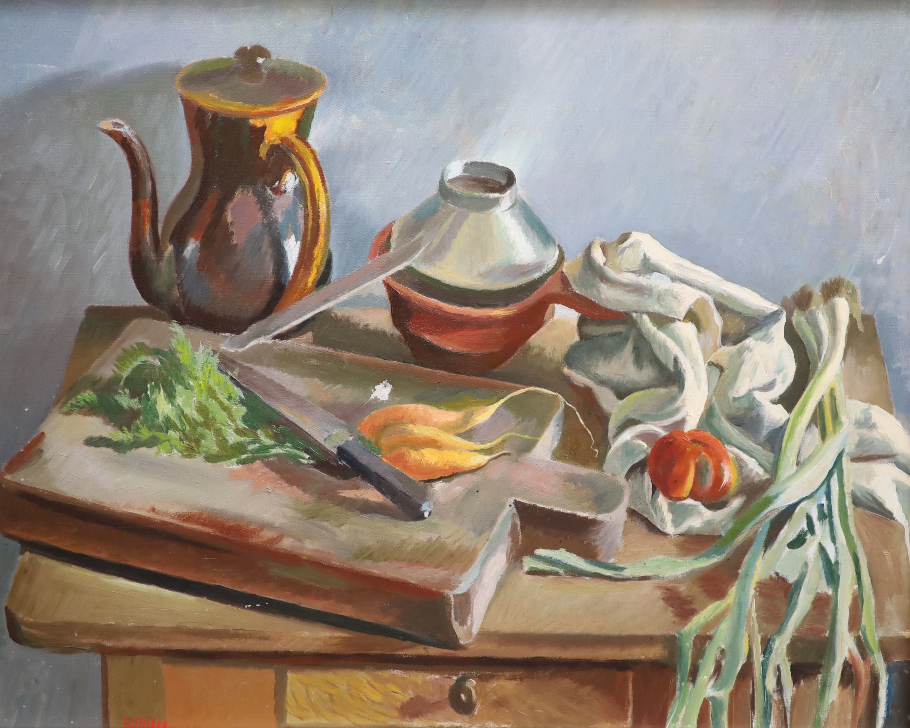 Rudolf Ihlee (1883-1968), Still life with chopping board, Oil on canvas, 58 x 72cm.